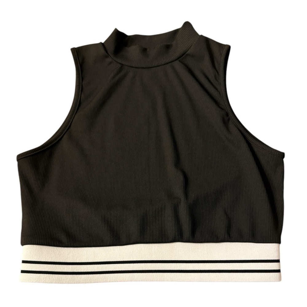 Activewear Black Ribbed Crop Top with White Stripes on Bottom Size Small